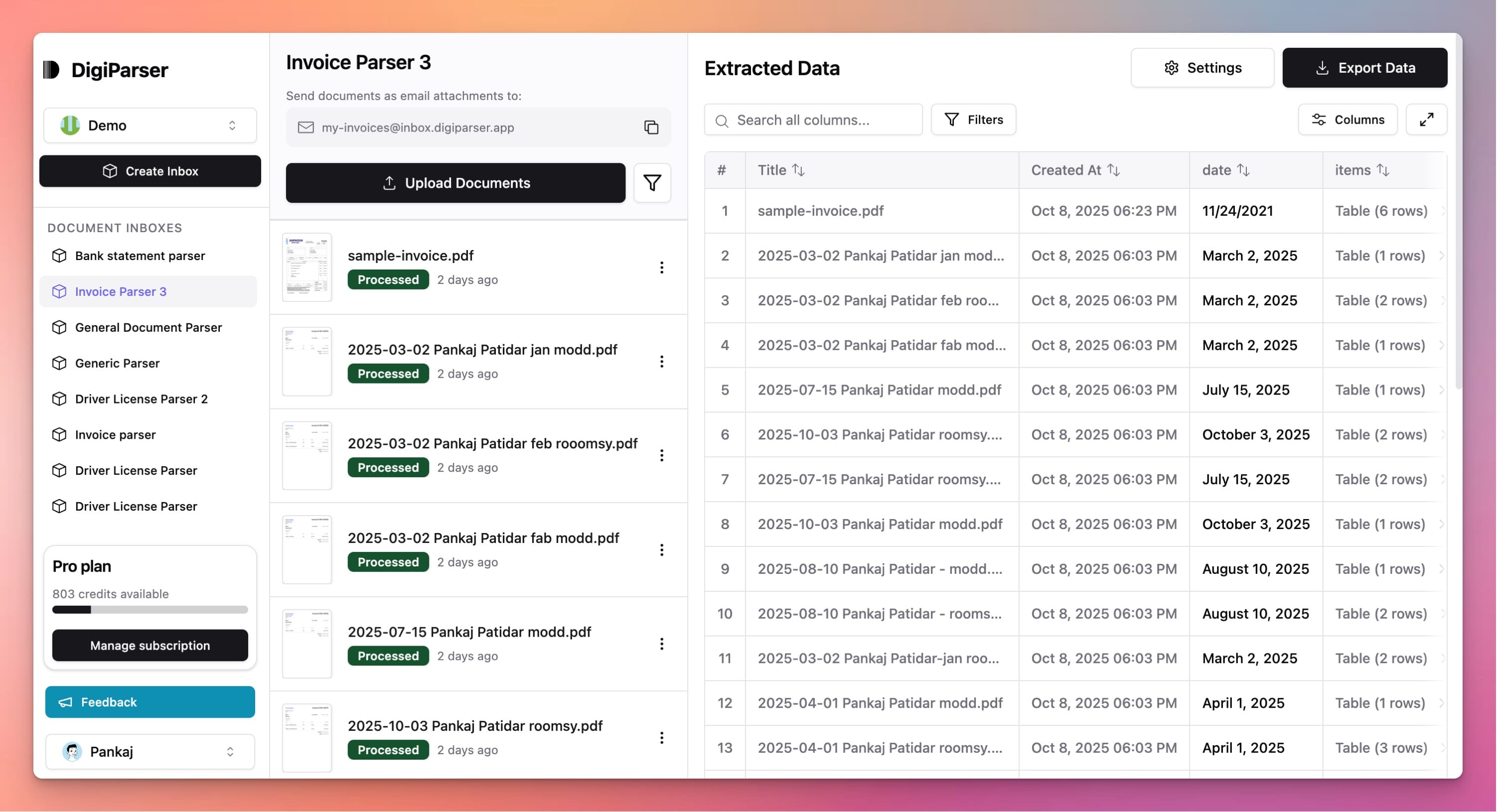 DigiParser Inbox Interface - Upload documents, view extracted data, download CSV/Excel